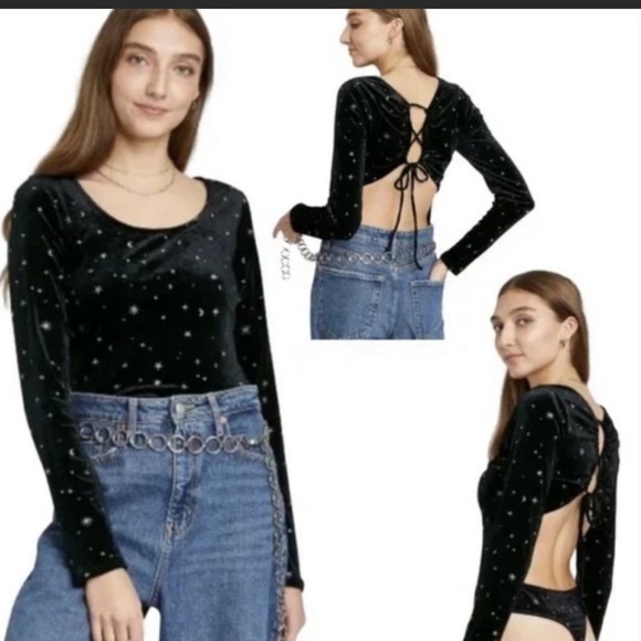 wild fable Tops - WILD Fable Black Velvet Silver Star Open Back Bodysuit Whimsigoth Witchy XL